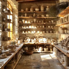 Bathed in a soft, golden glow, an array of handcrafted pottery in a serene, artisanal shop environment is illuminated by sunlight streaming through a window, highlighting the intricate details and uni