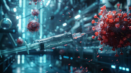 A dynamic 3D animation showcasing a syringe delivering a powerful virus vaccine with a backdrop of a sci fi inspired medical facility