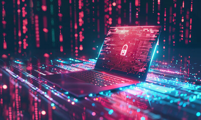 A futuristic 3D animation of a laptop transforming into a lock set against a backdrop of digital binary code swirling in the background