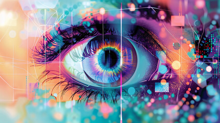 A colorful and detailed backdrop background for an AI art generator showcasing the process of conducting an eye test at an optical clinic