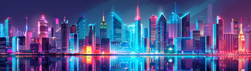 A futuristic cityscape with towering buildings illuminated by bright neon lights