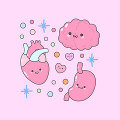 human body organs heart lung with cute facial expressions and pastel colour