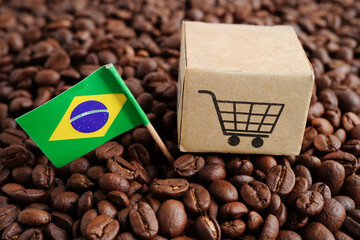 Brazil and Herzegovina flag on coffee beans, shopping online for export or import food product.