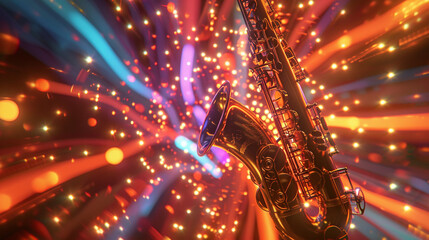 Craft a 3D animation of a saxophone playing a soulful melody with each note creating a mesmerizing...