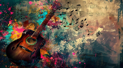 Create a surreal artwork featuring a guitar musical notes and an abstract backdrop background - obrazy, fototapety, plakaty