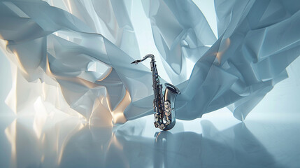 Create a visually stunning representation of a saxophone emitting a single musical note set against...