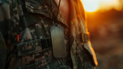 Create an image of an army soldiers dog tag hanging around their neck beautifully detailed in a close up shot - Powered by Adobe