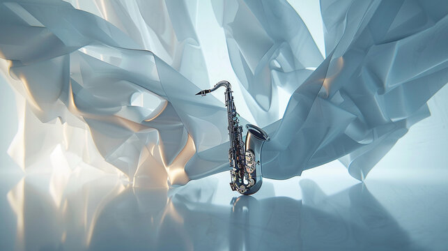 Create a visually stunning representation of a saxophone emitting a single musical note set against a unique backdrop background that complements the elegance of the instrument