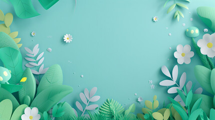 a green and white paper cut out of leaves and flowers - obrazy, fototapety, plakaty