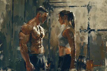 Fototapeta na wymiar Illustrate a visually striking composition of a man and woman in a gym environment emphasizing their strength and determination