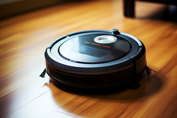 Modern robotic vacuum cleaner on shiny laminate floor surface in a spacious room