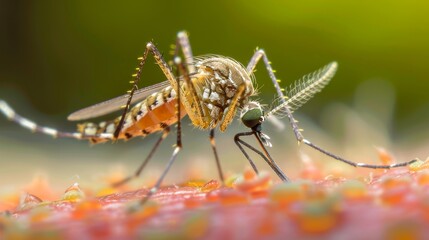 Detailed Macro of a Mosquito on Skin, Highlighting the Insect's Anatomy and Feeding Process, Educational Use