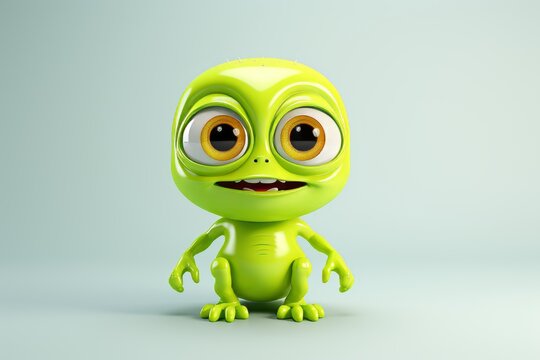 Funny green alien 3d character in space, playful extraterrestrial creature illustration