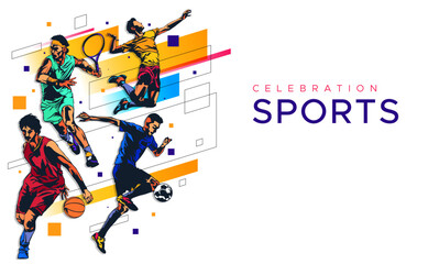 Banner template for national sports day football, basketball, tennis and volleyball background. world sports celebration