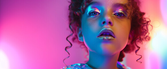 Obraz premium Fashion modern art cute young girl in colorful bright neon lights posing studio. Creative banner