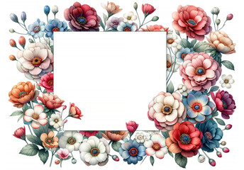 Floral frame with field for text. Greeting card. The composition is light, sunny spring-summer with soft, delicate flowers in bright fresh colors.