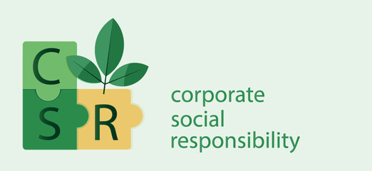 Corporate Social Responsibility (CSR) concept on a green vector background. Icon featuring puzzle pieces symbolizing responsibility. Intersection of business and environment. Vector design. - obrazy, fototapety, plakaty