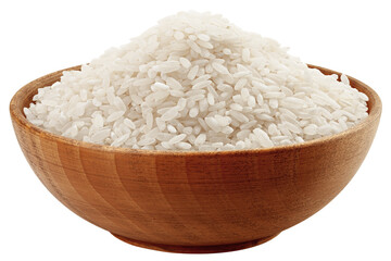 Rice in wooden bowl, isolated on white background, full depth of field