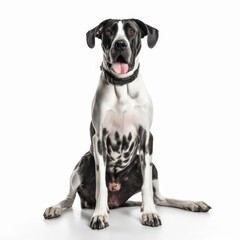 Energetic Great Dane sitting on a white background, towering build, happy expression Generative AI