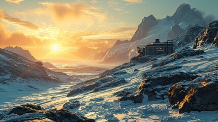 Generative AI Endless icefields, warm golden tones, distant research station, realistic fading sun, immersive Antarctic scenery