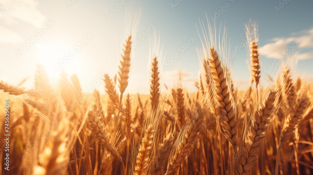Poster generative ai expansive wheat fields bathed in golden sunlight, showcasing the ripening wheat crops 
