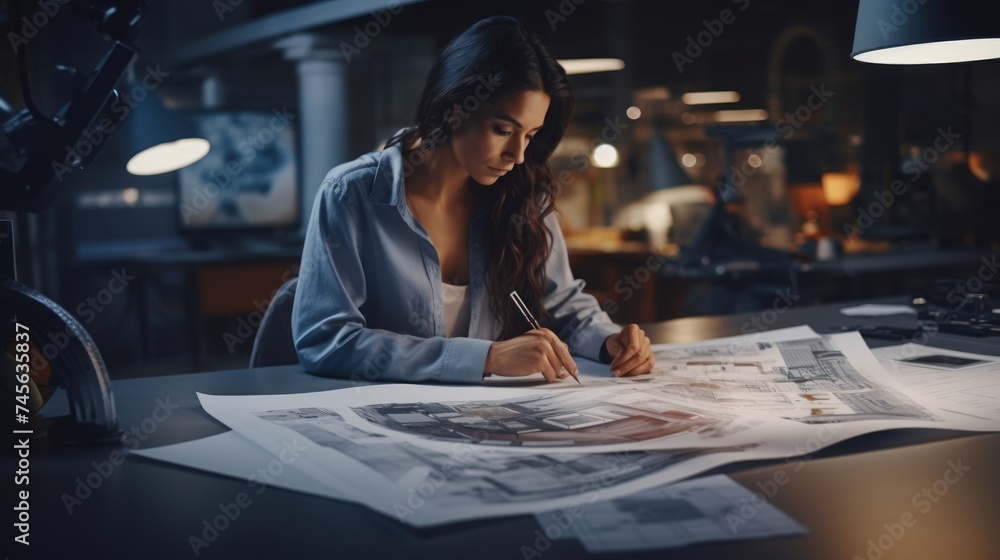 Poster Generative AI Female architect working on blueprints, designing a structure, architectural sketches visible in the background
