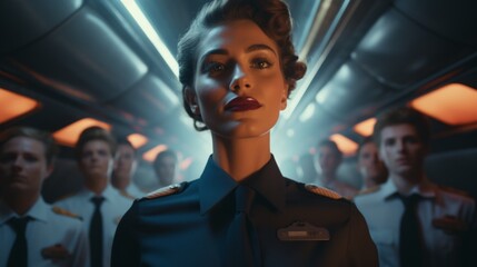 Generative AI Female flight attendant assisting with luggage, helping passengers, airplane overhead compartments visible