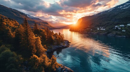 Generative AI Fjord silhouette, drone's vantage, fading sunlight, coastal charm, detailed and vivid sunset at Norwegian fjords - obrazy, fototapety, plakaty