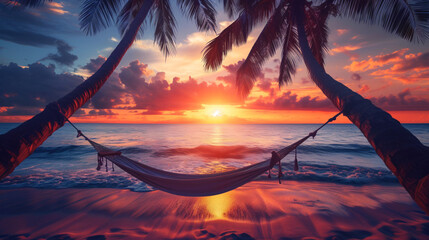 a hammock between palm trees on a beach - obrazy, fototapety, plakaty