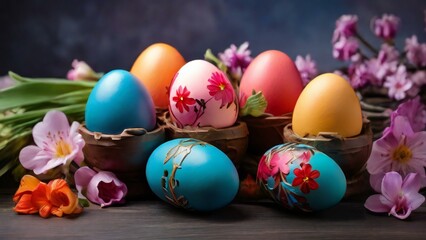 Fototapeta na wymiar Colorful painted eggs with flowers for Easter