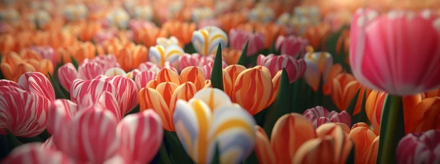 Fotobehang Generative AI Geometric tulip flowerbed arranged in patterns with alternating colors, a visual delight. © vadosloginov