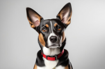 Portrait of a dog in a collar on a light background.