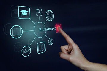 E-learning. Woman using virtual scheme with with different icons on dark blue background, closeup