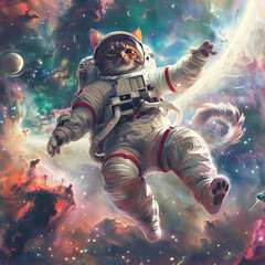 Cat astronaut floating in zero gravity whimsical galaxies in the background cute details