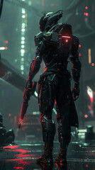 Cybernetic assassin preparing for a mission in a dystopian future sleek armor ominous setting