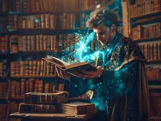 Magician casting spells in an ancient library mystical aura glowing manuscripts - obrazy, fototapety, plakaty