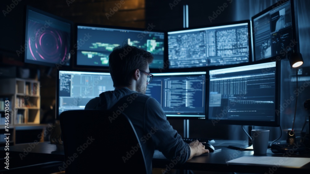 Fototapete generative ai journalist analyzing data on a computer screen, in-depth research, surrounded by repor