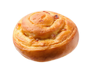 One delicious roll with raisins isolated on white. Sweet bun