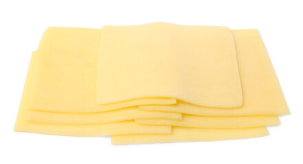 Slices of tasty fresh cheese isolated on white