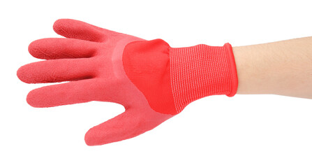 Woman in gardening glove on white background, closeup