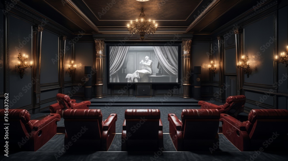 Poster generative ai lavish theater room with plush seating and a large screen for movie nights.
