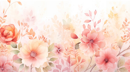 Beautiful watercolor background with pastel flowers and leaves, warm colors. Spring concept