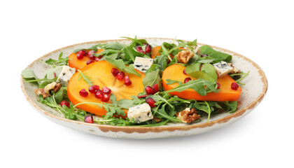 Tasty salad with persimmon, blue cheese, pomegranate and walnuts isolated on white