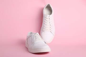 Pair of stylish white sneakers on pink background