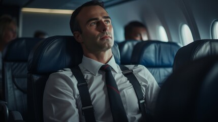 Generative AI Male flight attendant checking seat belts, ensuring passenger safety, attentive...