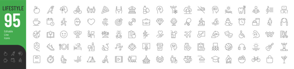 
Lifestyle Line Editable Icons set. Vector illustration in modern thin line style of human life related icons: nutrition, entertainment, personal development, daily routine, and more. 