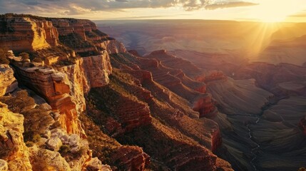 Generative AI Majestic canyon formations, drone's perspective, golden hour tones, vastness, photorealistic sunset over the Grand Canyon - obrazy, fototapety, plakaty