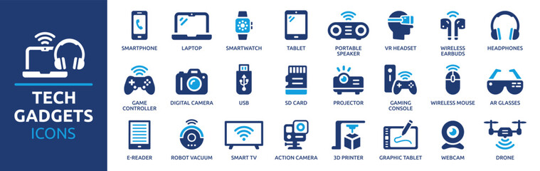 Fototapety  Tech gadgets icon set. Containing smartphone, laptop, tablet, smartwatch, drone, headphones, digital camera, smart TV, gaming console and more. Solid vector icons collection.