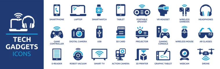 Foto auf Acrylglas Tech gadgets icon set. Containing smartphone, laptop, tablet, smartwatch, drone, headphones, digital camera, smart TV, gaming console and more. Solid vector icons collection. © Icons-Studio