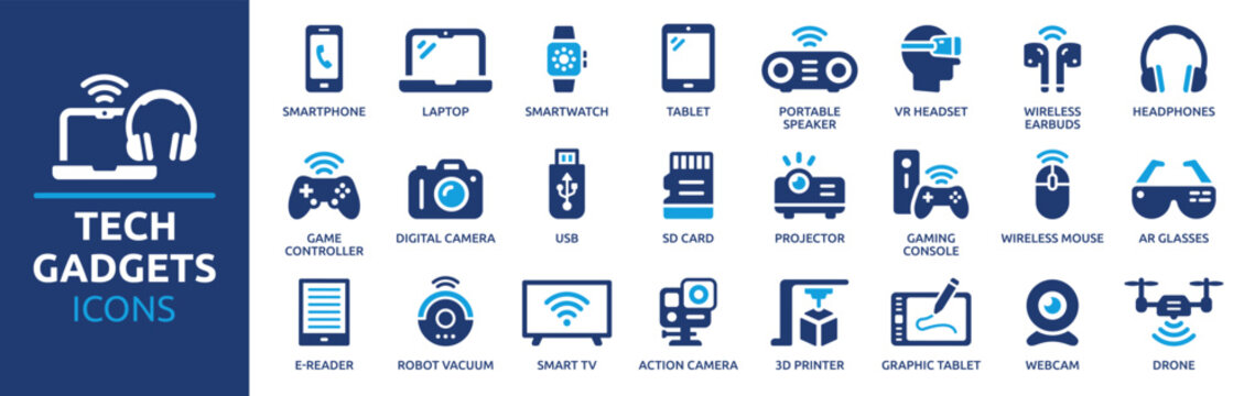 Fototapeta Tech gadgets icon set. Containing smartphone, laptop, tablet, smartwatch, drone, headphones, digital camera, smart TV, gaming console and more. Solid vector icons collection.